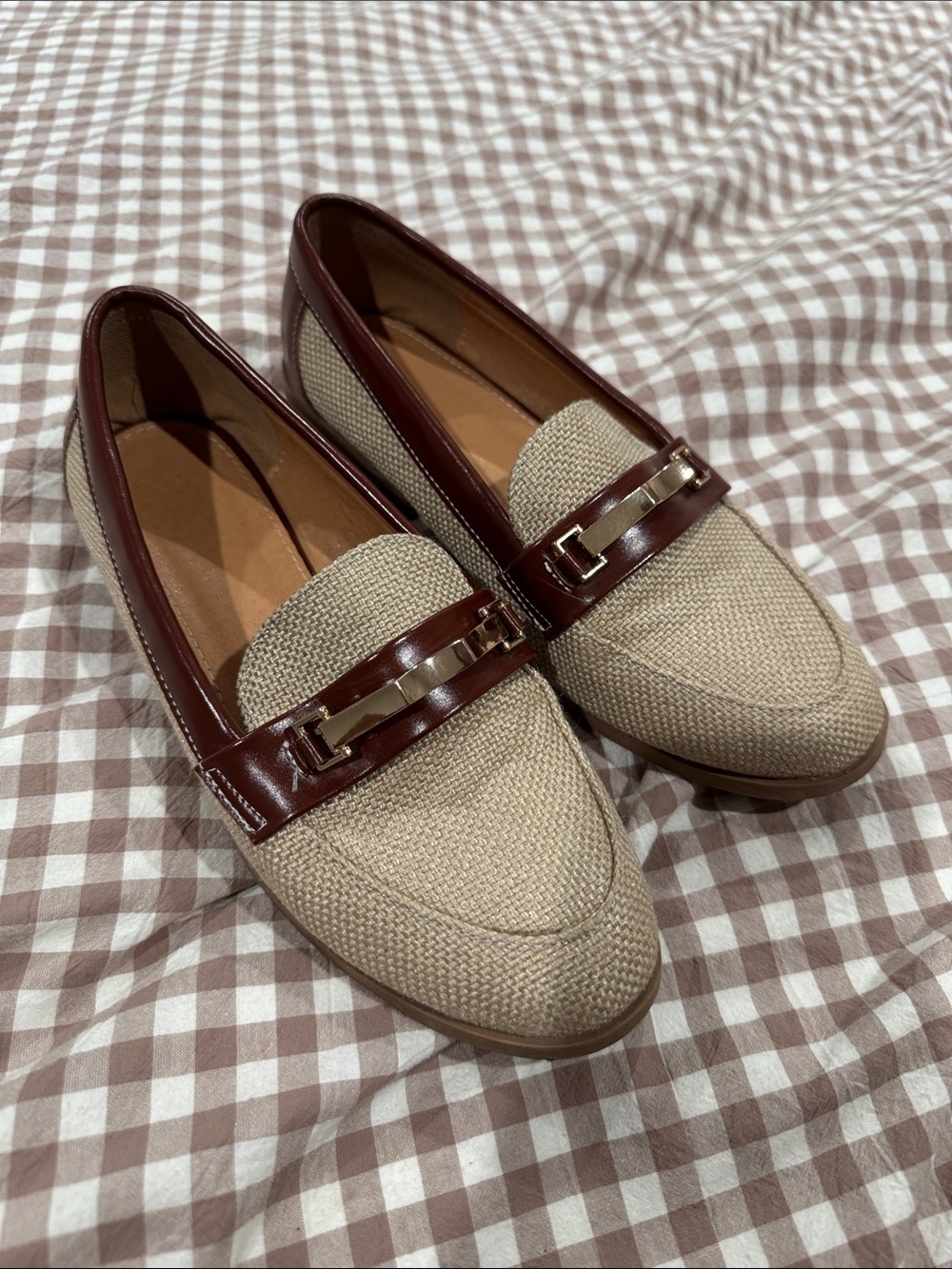SHEIN Beige Woven Flats with Brown Patent Trim